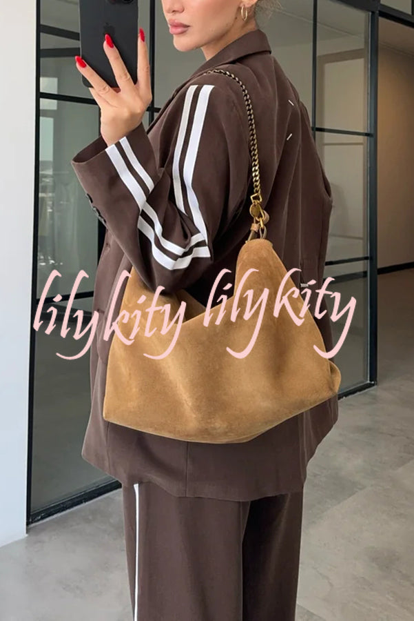 Levvie Striped Trim Long Sleeve Lapel Blazer and Rope Belt Pocketed Wide Leg Pants Set