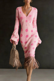 Unique Printed V-neck Long-sleeved Elegant Tassel Hem Midi Dress