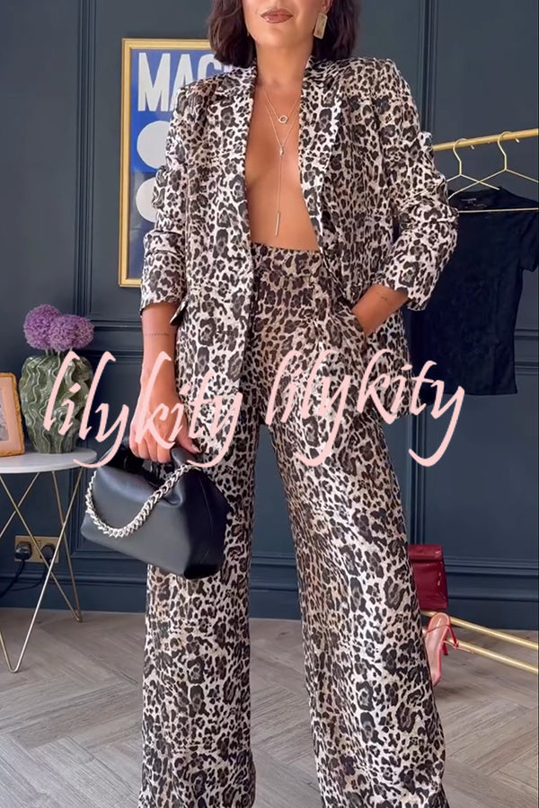 Wild Lifestyle Leopard Print Lapel Blazer and Elastic Waist Pocketed Wide Leg Pants Set