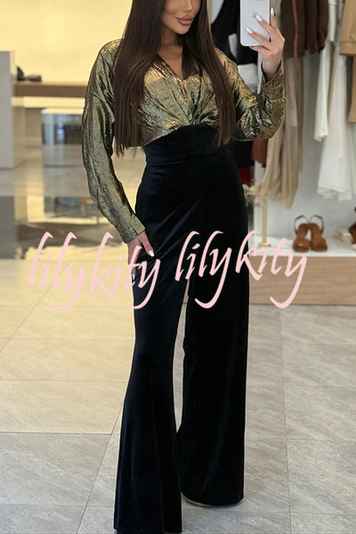 Caitlin Metallic Velvet Patchwork Long Batwing Sleeve Pocket Wide Leg Jumpsuit