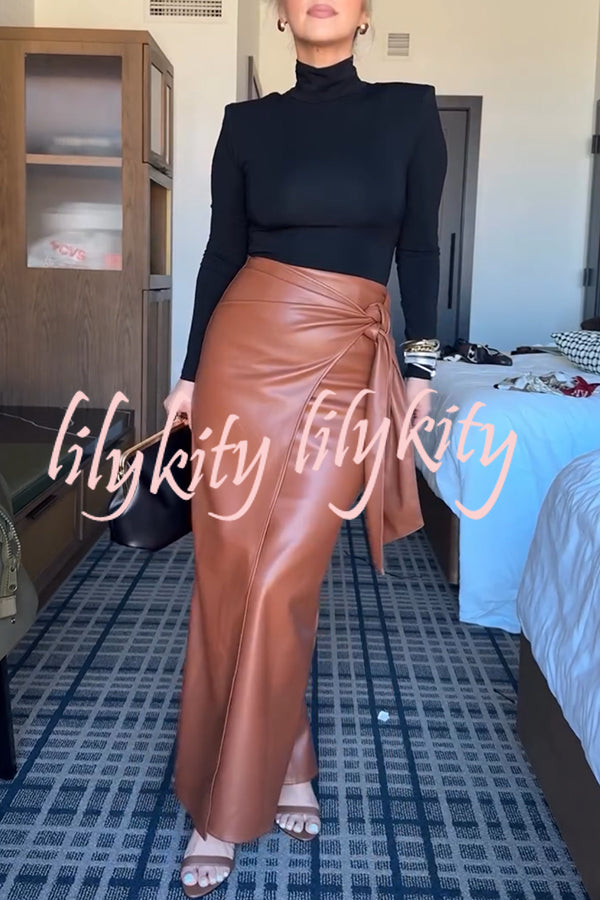 Snappy Casual Slay Faux Leather High Rise Wrap Tie-up Stretch Maxi Skirt
