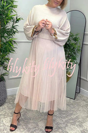 Fenna Ribbed Sequin Trim Batwing Sleeve Sweater and Pleated Tulle Stretch Tank Midi Dress Two-piece Set