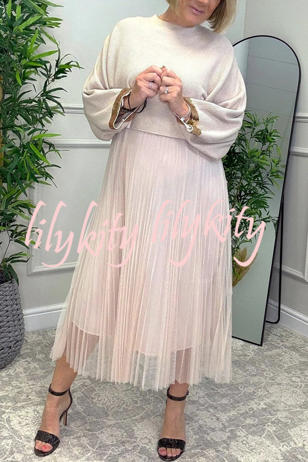 Fenna Ribbed Sequin Trim Batwing Sleeve Sweater and Pleated Tulle Stretch Tank Midi Dress Two-piece Set