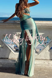 Soleil Mesh Printed Starfish Pendant Ruched Cutout Off Shoulder Maxi Dress