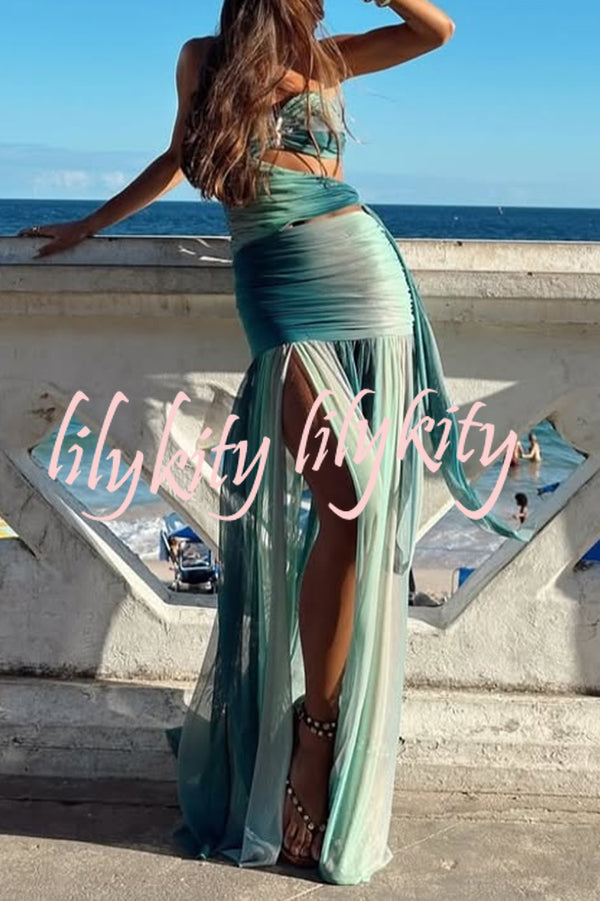 Soleil Mesh Printed Starfish Pendant Ruched Cutout Off Shoulder Maxi Dress