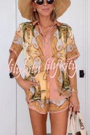 Royalty Unique Print Button Up Short Sleeve Shirt and Elastic Waist Pocketed Loose Shorts Set