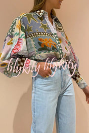 Fun and Nostalgic Unique Print Balloon Sleeve Button Loose Shirt