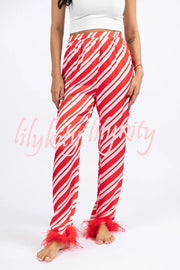 Christmas Party Striped Print Pocket Feather Elastic Waist Pajama Set