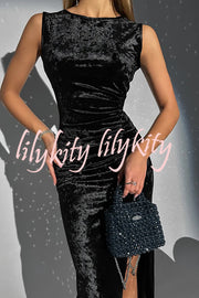 Solid Color Velvet Round Neck Sleeveless Slim Slit Maxi Dress