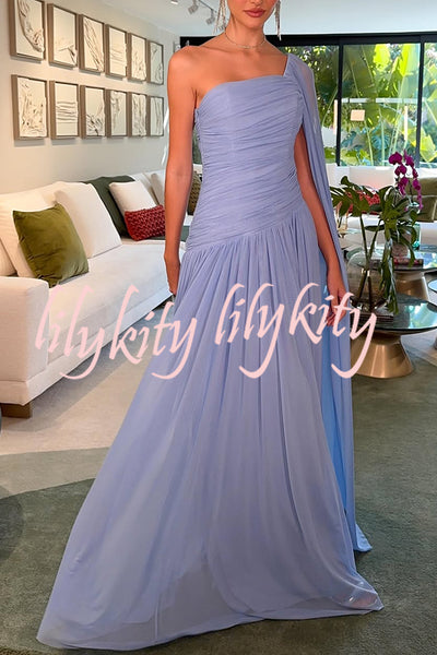 End of Light Chiffon One Shoulder Single-sleeve Shawl Ruched Maxi Dress