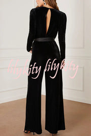 Love One Another Velvet Bow Belted Pocket Cutout Back Loose Jumpsuit