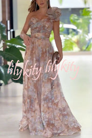 Romantic Ball Chiffon Floral One-shoulder Pleated Design Back Lace-up Gown Maxi Dress