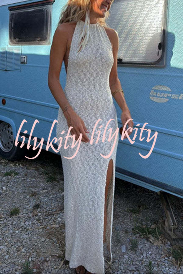 Sexy Backless Halter Neck Slim High Slit Knit Maxi Dress