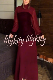 Hildie Chiffon and Two-piece Velvet Lace-up Bra High Neck Long Sleeve Maxi Dress