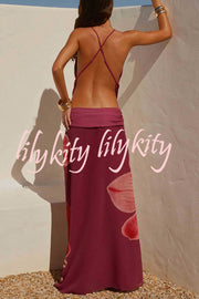 Sexy Deep V Backless Draped Camisole Top and Floral Print Chiffon Maxi Skirt Set