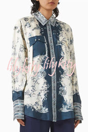 Bohemian Elegant Satin Contrast Color Unique Print Button Up Pocket Loose Blouse