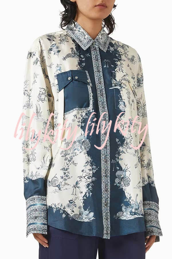 Bohemian Elegant Satin Contrast Color Unique Print Button Up Pocket Loose Blouse