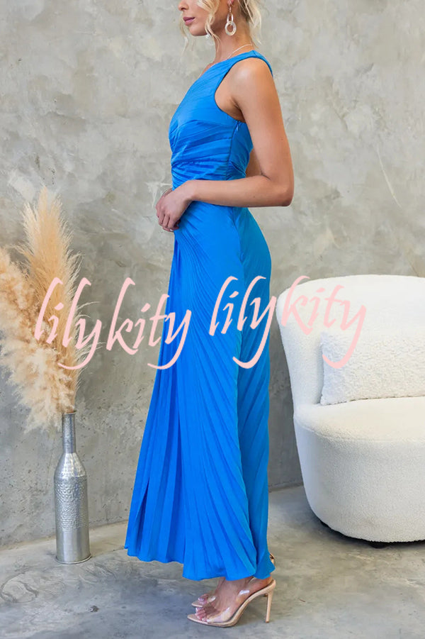 Charming One Shoulder Lace Up Cutout Pleated Maxi Dress