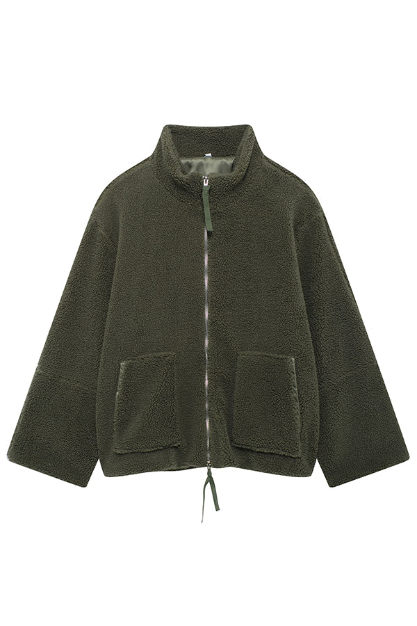 Solid Color Stitching High Collar Long Sleeve Loose Pocket Woolen Coat