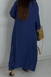 Solid Color Loose-fitting Long-sleeved Cardigan with Pockets and Elastic Waist Casual Wide-leg Pants Set