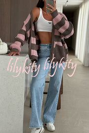 Fashionable Patchwork Striped Casual Pocket Knitted Sweater
