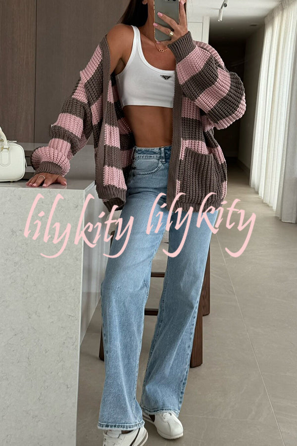 Fashionable Patchwork Striped Casual Pocket Knitted Sweater