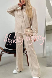 Solid Color Casual Knitted High Neck Long Sleeve Top and Elastic Waist Loose Pants Set