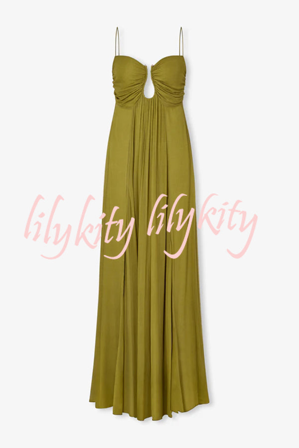 Soft and Elegant Metal Hollow Design Back Smocked A-line Slip Maxi Dress