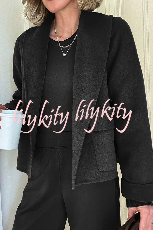 Comfortable Season Shawl Collar Open-front Long Sleeve Flap Pockets Crop Coat