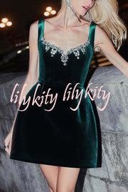 Blair Luxurious Velvet Jewel-encrusted Sweetheart Neck Pocket Tulip Stretch Mini Dress