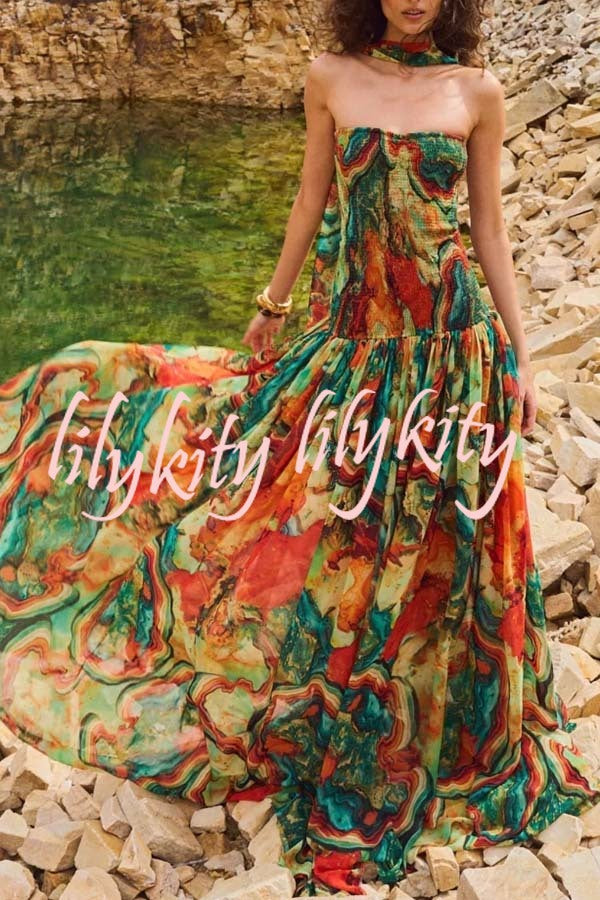 Vacay Vibes Colorful Lava Print Off Shoulder Smocked Scarf Maxi Dress