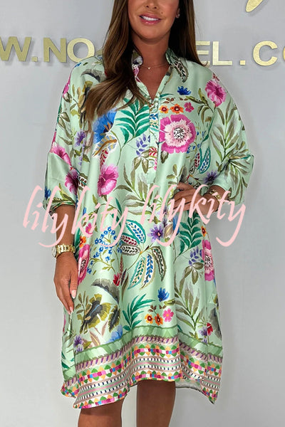 Floral Print Long Sleeve Lapel Loose Mini Dress