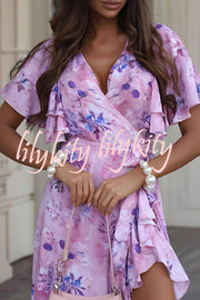 Unique Printed V-neck Ruffled Loose Midi Dress