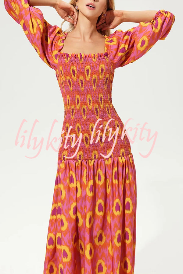 Venita Unique Printed Off Shoulder Balloon Sleeve Smocked Midi Dress