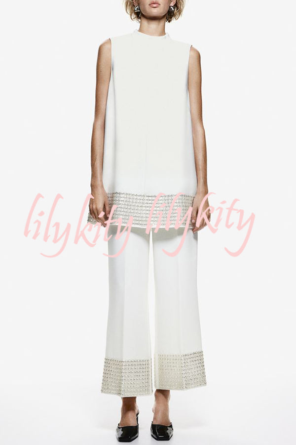 Simple But Not Simple Sequin Trim High Neck Sleeveless A-line Top