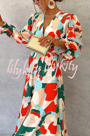 Colorful Printed V-neck Waist High Slit Ruffled Maxi Dress