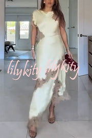 Paris Dream Satin Lace Trim Irregular Design Drape Maxi Dress