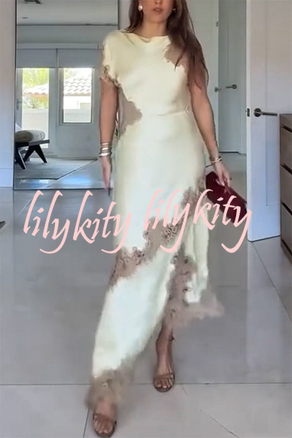 Paris Dream Satin Lace Trim Irregular Design Drape Maxi Dress