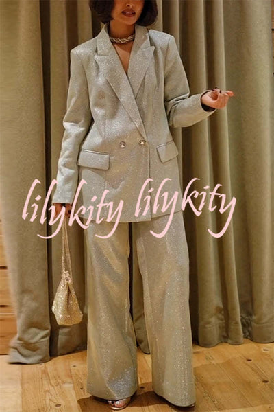 Holiday Queen Glitter Fabric Lapel Boyfriend Blazer and Pocketed Wide Leg Pants Set