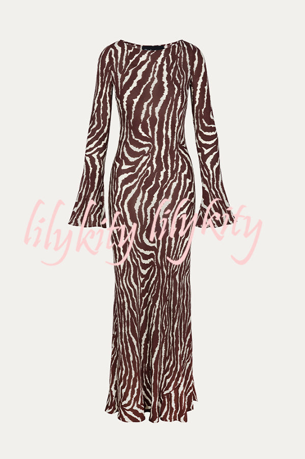 Gia Unique Print Boat Neck Long Bell Sleeve Bias Cut Maxi Dress