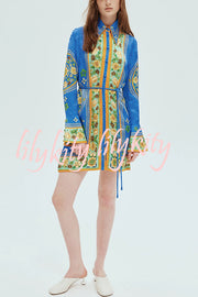 Katia Satin Unique Print Shaped Collar Tie-up Waist Shirt Mini Dress