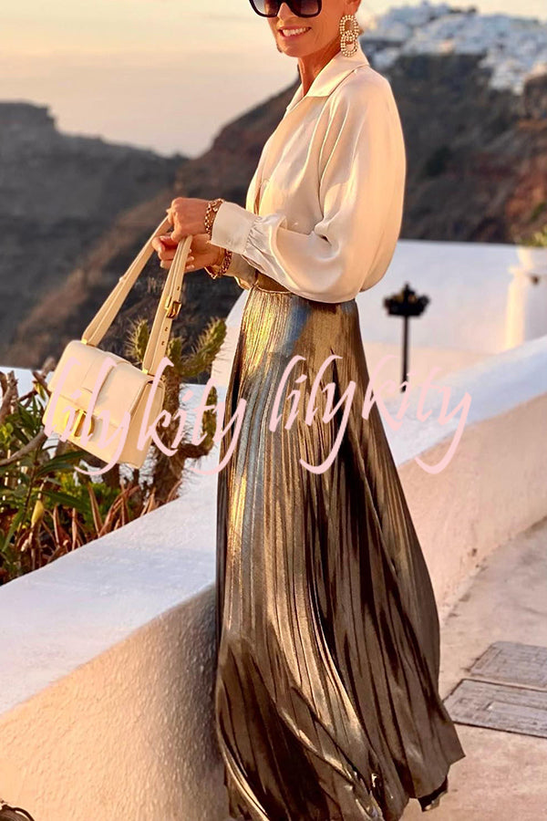 Fashionable Metallic Pleated Back Elastic Waist Maxi Skirt