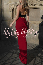 Fashionable Contrast Color Open Back Side Pleated Draped Maxi Dress