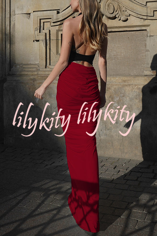 Fashionable Contrast Color Open Back Side Pleated Draped Maxi Dress