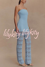 Trena Crochet Knit Hollow Mid Rise Stretch Wide Leg Pants