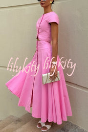 Solid Color Round Neck Button Crop Top and Elegant High Waist Slit Maxi Skirt Set