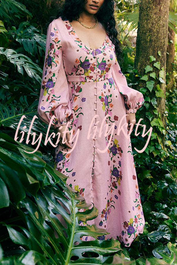 Garden Party Linen Blend Floral Print Button Balloon Sleeve Pocketed Maxi Dress