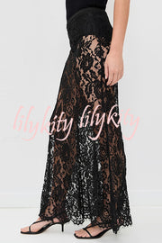 Make An Entrance Floral Stretch Lace Mid Rise Flare Maxi Skirt