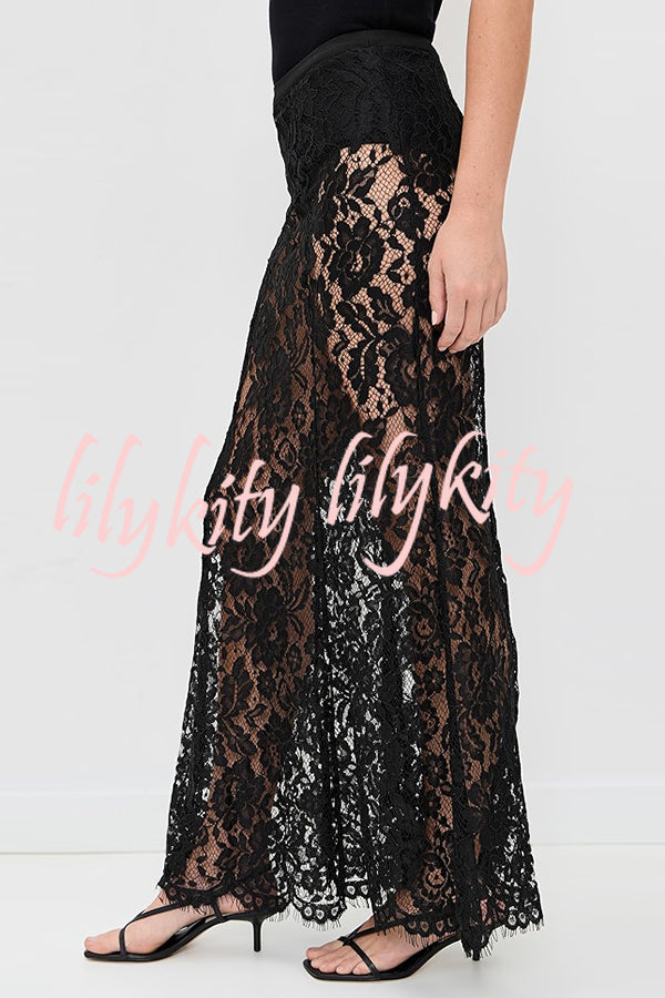Make An Entrance Floral Stretch Lace Mid Rise Flare Maxi Skirt