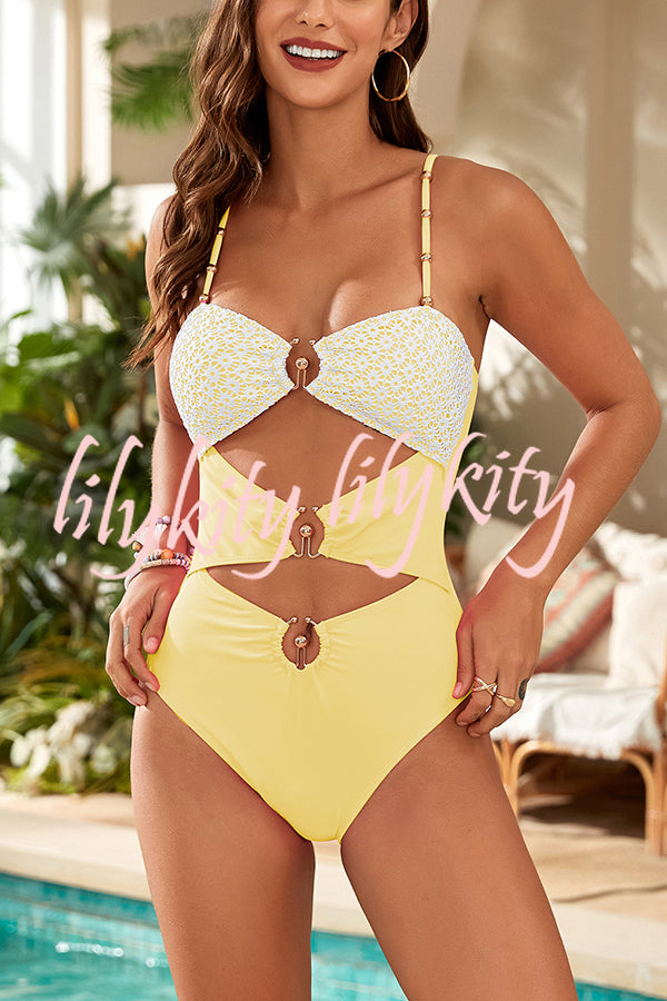 Fashionable Splicing Spaghetti Strap Metal Buckle One-piece Bikini Swimsuit